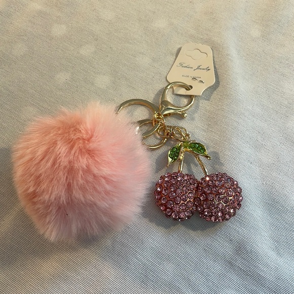 NEW PINK Pom with Rhinestone cherry charm luxury style keychain - Picture 3 of 6
